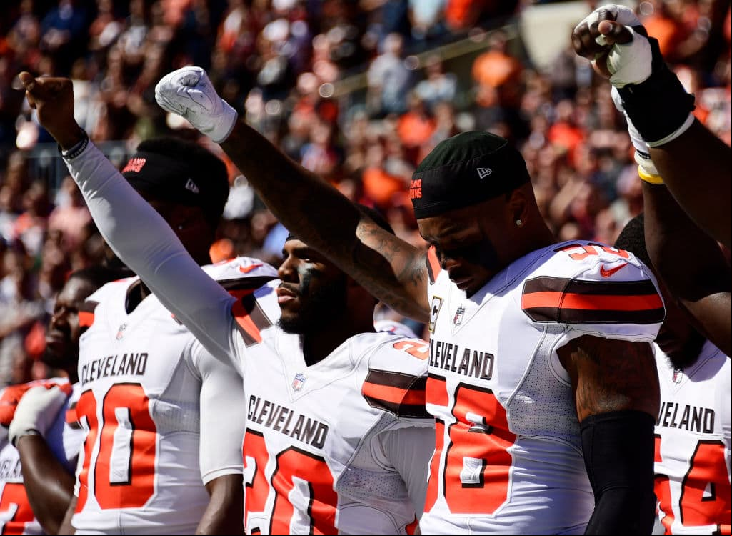 CLEVELAND, OH - OCTOBER 01: Briean Boddy-Calhoun #20 and Christian Kirksey #58 of the Cleveland Browns hold their fists in the air during the National Anthem before the game against the Cincinnati Bengals at FirstEnergy Stadium on October 1, 2017 in Cleveland, Ohio. (Photo by Jason Miller /Getty Images)