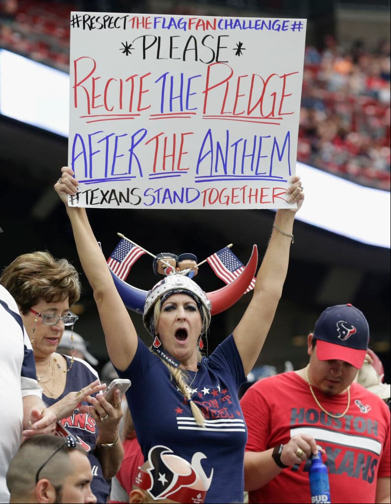 HOUSTON, TX - OCTOBER 01: Houston Texans fans hold signs before the game against the Tennessee Titans at NRG Stadium on October 1, 2017 in Houston, Texas. (Photo by Tim Warner/Getty Images)
