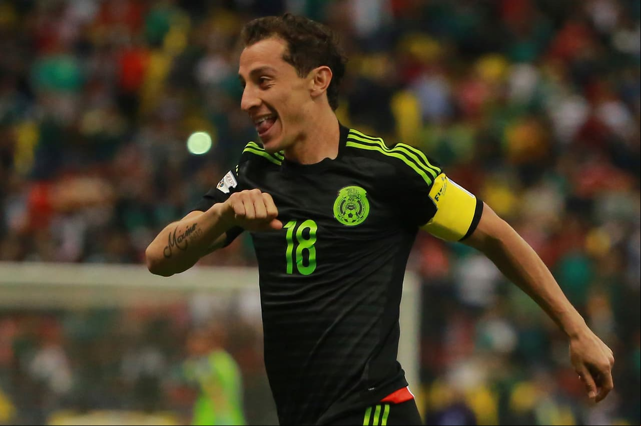 MEXICO CITY, MEXICO - NOVEMBER 13: Andres Guardado of Mexico celebrates after scoring the first goal of his team during the match between Mexico and El Salvador as part of the 2018 FIFA World Cup Qualifiers at Azteca Stadium on November 13, 2015 in Mexico City, Mexico. (Photo by Hector Vivas/LatinContent/Getty Images)
