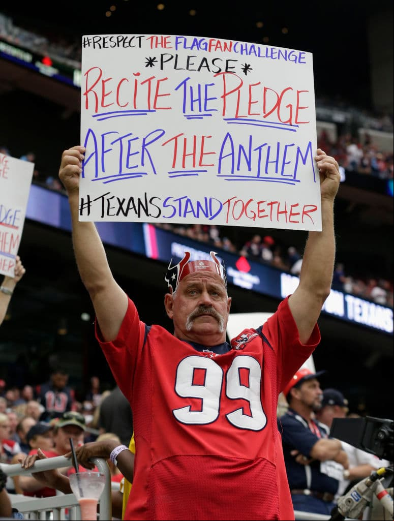 HOUSTON, TX - OCTOBER 01: Houston Texans fans hold signs before the game against the Tennessee Titans at NRG Stadium on October 1, 2017 in Houston, Texas. (Photo by Tim Warner/Getty Images)